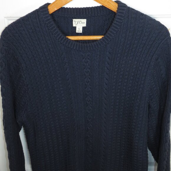 J Crew Sweater Mens Large Navy Blue Cable Knit Fisherman Grandpa Preppy Chunky - Picture 2 of 4